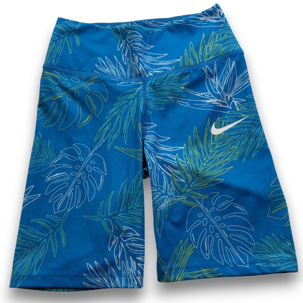 Nike Dri-FIT One Womens Tropical Monstera Print Bike Shorts Blue DV9681-435 XS